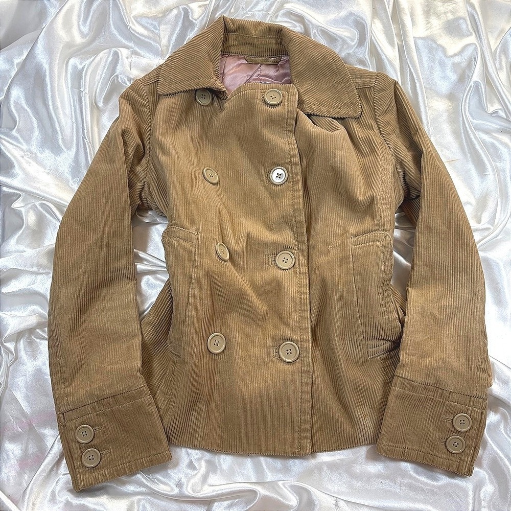 y2k Gap Pea Coat Tan Excellent Corduroy Double Breasted Pink Quilted Lining XS